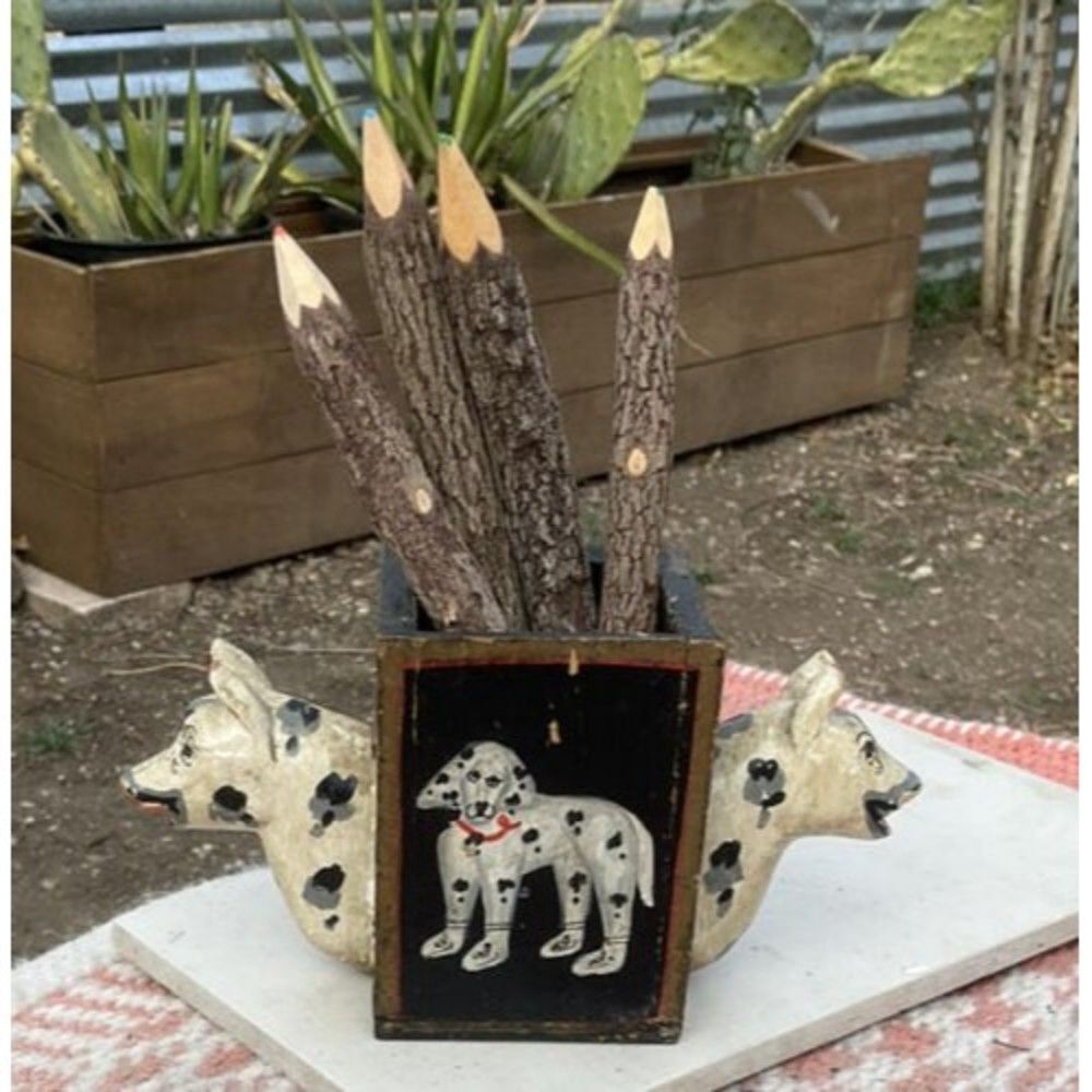 1920s Estate Antique Wooden Pencil Holder Unique Dalmatian Carved Dog Container